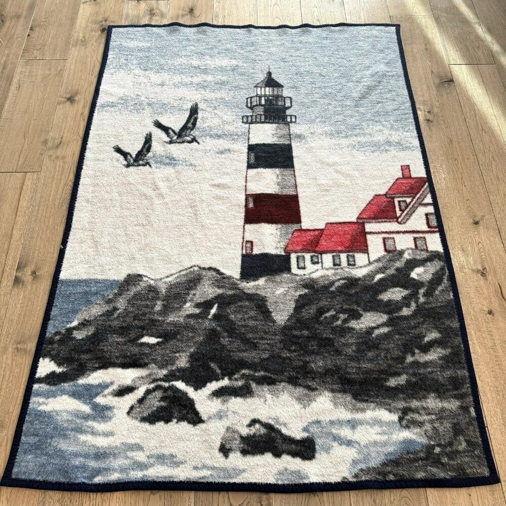 Vintage Biederlack Blanket Lighthouse Acrylic 73"x51"  Made in USA